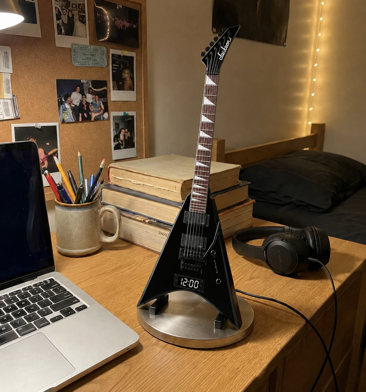 Wake N Roll V-Series guitar alarm clock on a desk