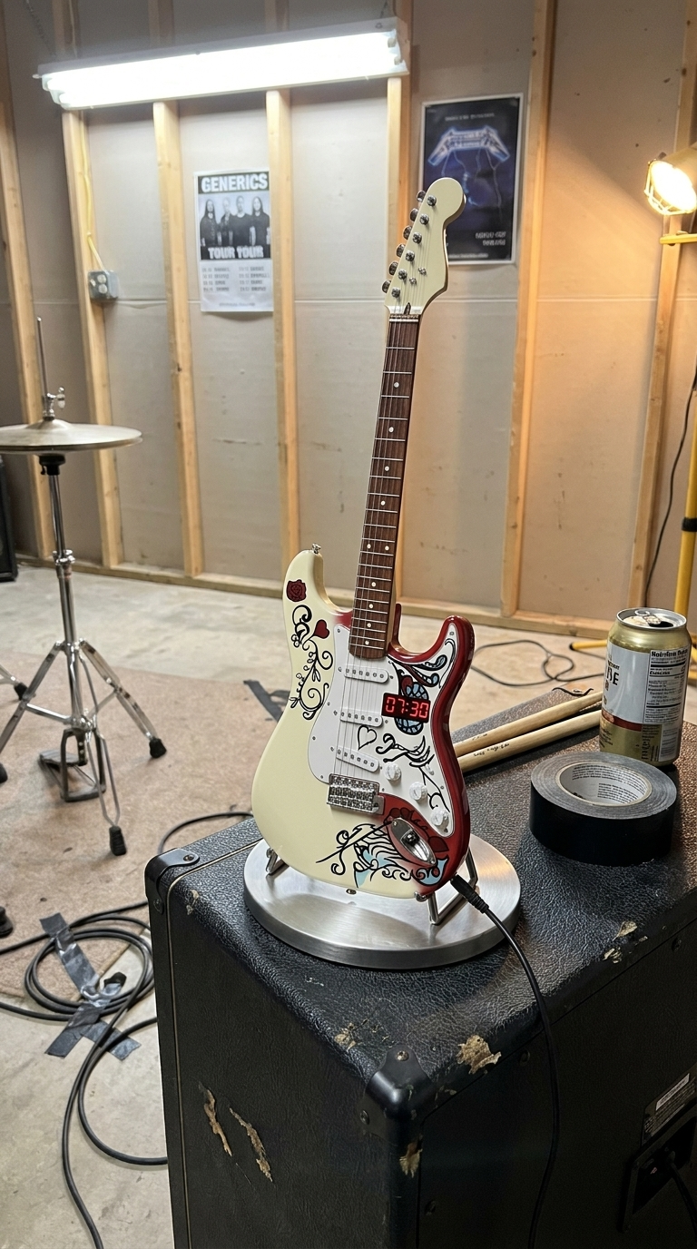 Wake N Roll guitar alarm clock on an amp in a practice room