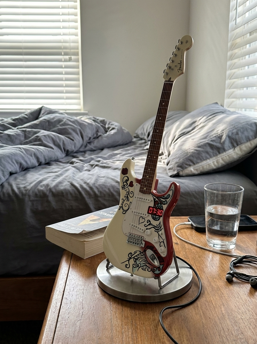 Wake N Roll guitar alarm clock on a bedside table